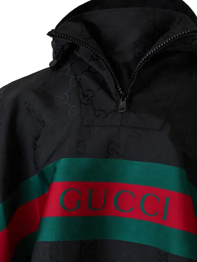 Gucci Black Mantella With Web Logo And Gg Monogram Printing  In Black