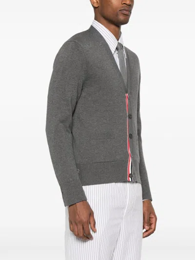 Thom Browne Cotton V-neck Cardigan With 4 Bar Stripe In Gray