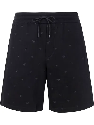 Emporio Armani Allover Logo Cotton Shorts In Black