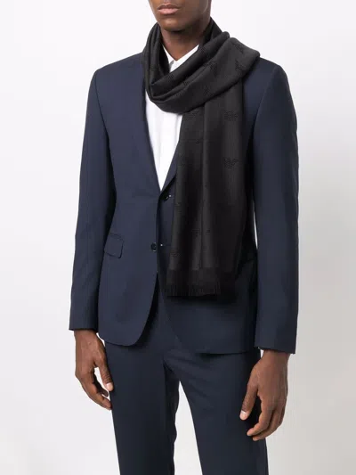 Emporio Armani Allover Logo Wool Scarf In Black