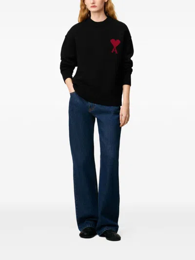 Ami Alexandre Mattiussi Ami Paris Wool Sweater With Heart Intarsia Design In Black