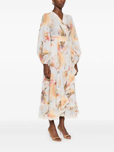 Zimmermann Floral Midi Dress Belted Waist In Neutral