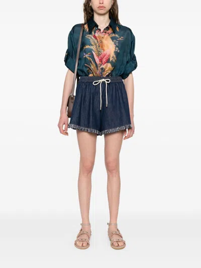 Zimmermann Womens Dark Blue Palm Floral Ascension Relaxed-fit Silk Shirt Xs In Blue