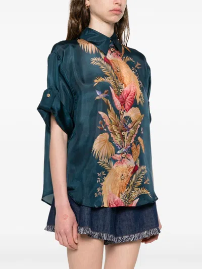 Zimmermann Womens Dark Blue Palm Floral Ascension Relaxed-fit Silk Shirt Xs In Blue