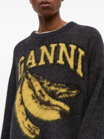 Ganni Banana Wool Crewneck Sweater In Black