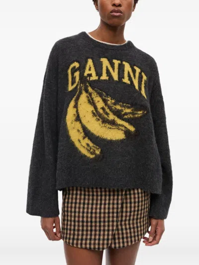 Ganni Banana Wool Crewneck Sweater In Black