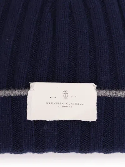 Brunello Cucinelli Logo Patch Ribbed Beanie In Blue