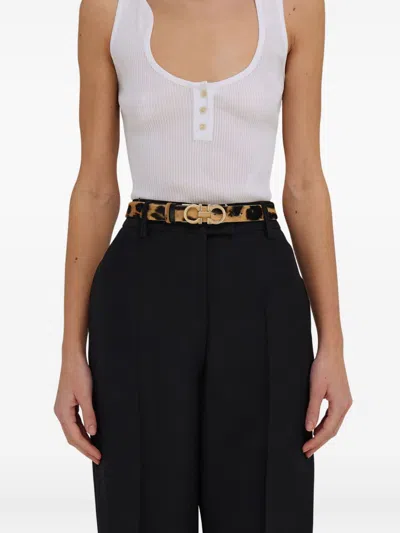 Ferragamo Animal Print Belt With Adjustable Fit And Gold-tone Buckle In Black