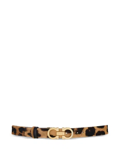 Ferragamo Animal Print Belt With Adjustable Fit And Gold-tone Buckle In Black