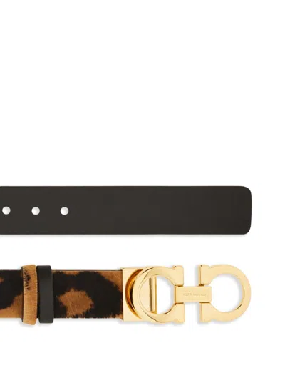 Ferragamo Animal Print Belt With Adjustable Fit And Gold-tone Buckle In Black