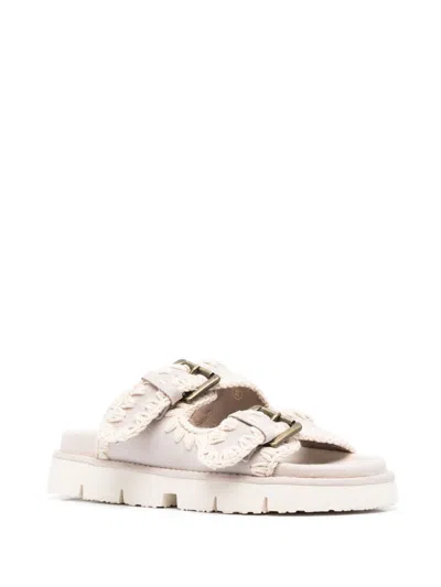 Mou Whipstitch-trim Calf-suede Slides In Neutral