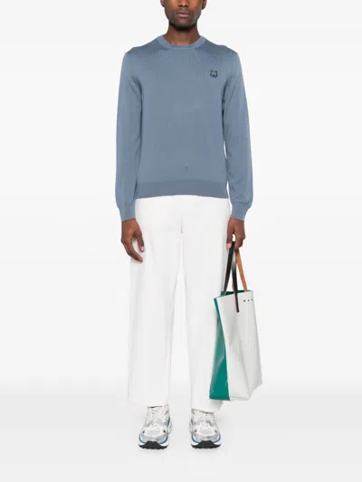 Maison Kitsuné Fox Head Crew Neck Wool Jumper In Blue