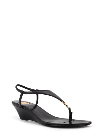 Saint Laurent Cassandre Wedge Leather Thong Sandal