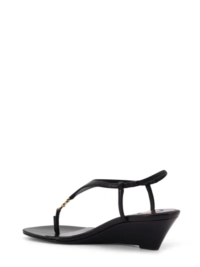 Saint Laurent Cassandre Wedge Leather Thong Sandal
