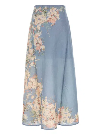 Zimmermann Womens Teal Blue Botanical Cascadian Bias Floral Linen Midi Skirt In Blue
