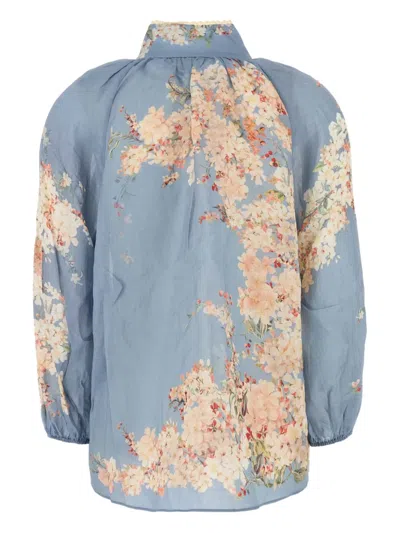 Zimmermann Cascadian Lace-trimmed Floral-print Ramie Blouse In Blue