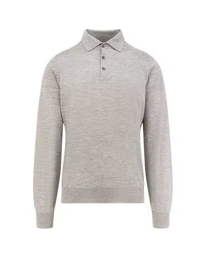 Brunello Cucinelli Long-sleeved Grey Polo With Textured Fabric In Gray