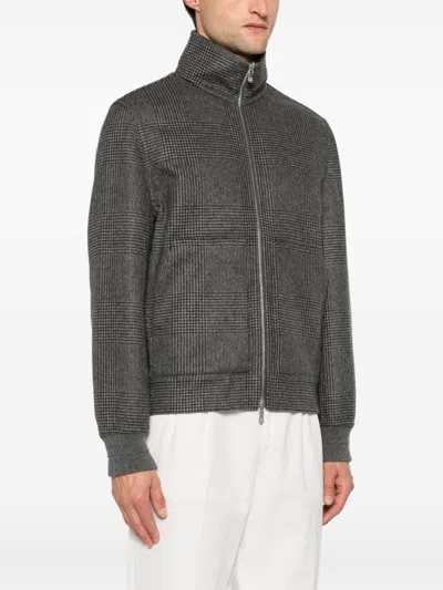 Brunello Cucinelli Check-pattern Zip-up Bomber Jacket In Gray
