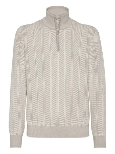 Brunello Cucinelli Textured Half-zip High Collar Sweater In Black