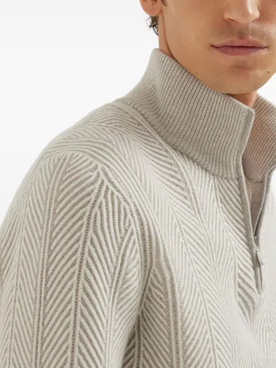 Brunello Cucinelli Textured Half-zip High Collar Sweater In Black