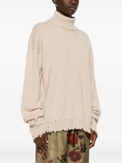 Uma Wang High Neck Cashmere Sweater With Frayed Edges In Multi
