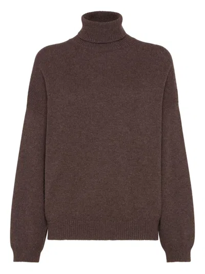 Brunello Cucinelli Ribbed Cashmere Turtleneck Sweater With Long Sleeves In Brown