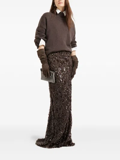 Brunello Cucinelli Ribbed Cashmere Turtleneck Sweater With Long Sleeves In Brown