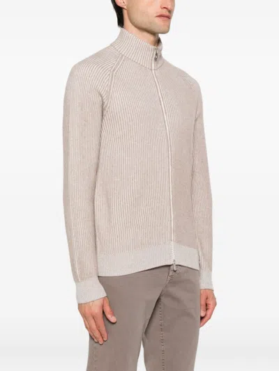 Brunello Cucinelli Cashmere High Neck Zip-up Cardigan With Ribbed Knit In Gray