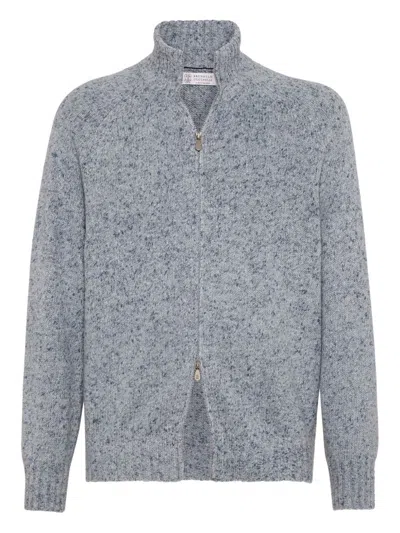 Brunello Cucinelli Cashmere Stand-up Collar Cardigan With Textured Knit In Gray