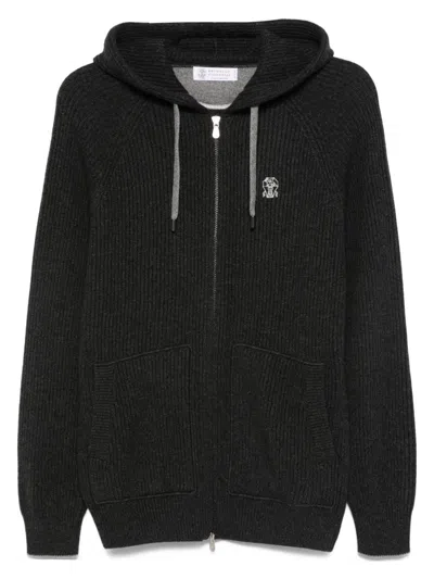 Brunello Cucinelli Grey Cashmere Knit Zip-up Hoodie In Black
