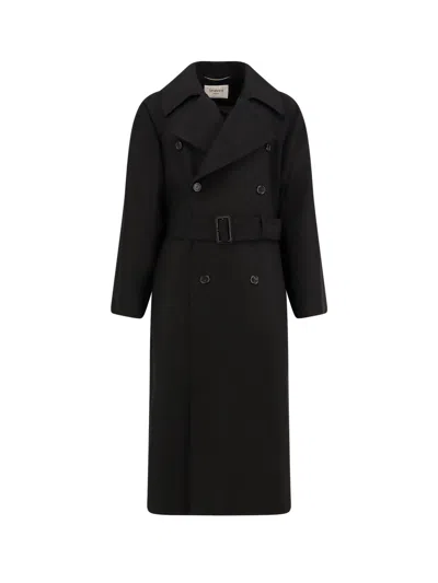 Saint Laurent Double-breasted Long Coat In Grain De Poudre In Black