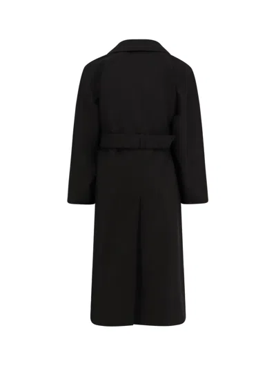 Saint Laurent Double-breasted Long Coat In Grain De Poudre In Black
