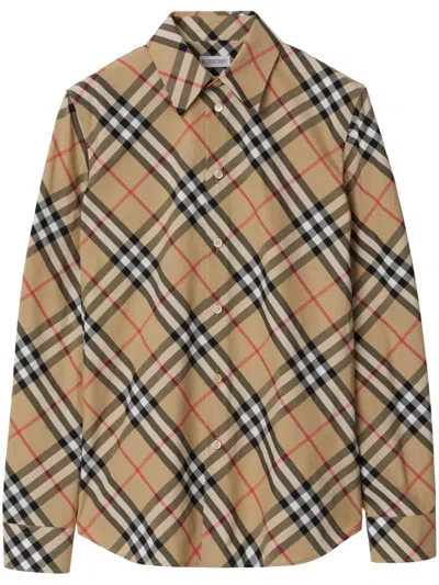 Burberry Women Beige Shirt With Classic Collar And All-over Check Motif In Cotton Woman In Multi