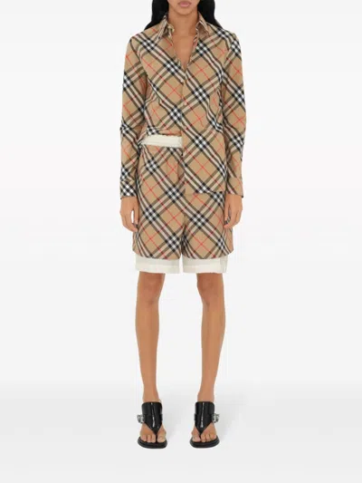 Burberry Women Beige Shirt With Classic Collar And All-over Check Motif In Cotton Woman In Multi