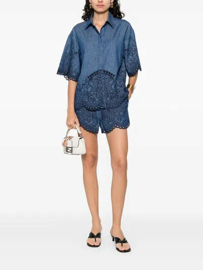 Zimmermann Womens Railway Blue Coco Embroidered Denim Shorts Xs In Blue