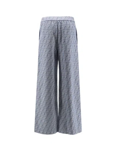 Fendi Women Cotton And Linen Trousers With All-over Ff Motif In Blue