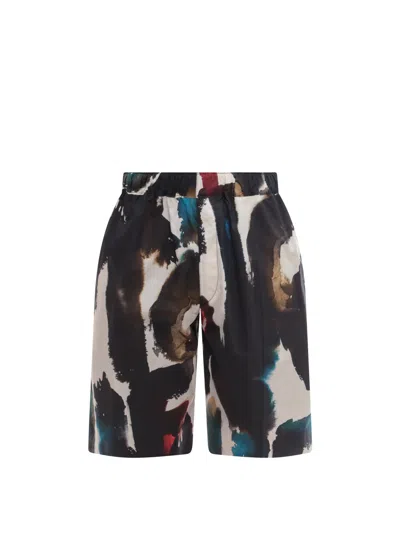 Alexander Mcqueen Cotton Bermuda Shorts With All-over Graffiti Acquerello Print In Multi