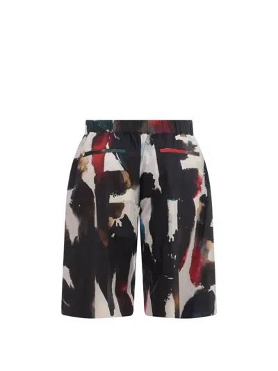 Alexander Mcqueen Cotton Bermuda Shorts With All-over Graffiti Acquerello Print In Multi