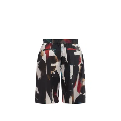 Alexander Mcqueen Cotton Bermuda Shorts With All-over Graffiti Acquerello Print In Multi