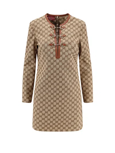 Gucci Cotton Blend Dress With All-over Gg Print In Brown