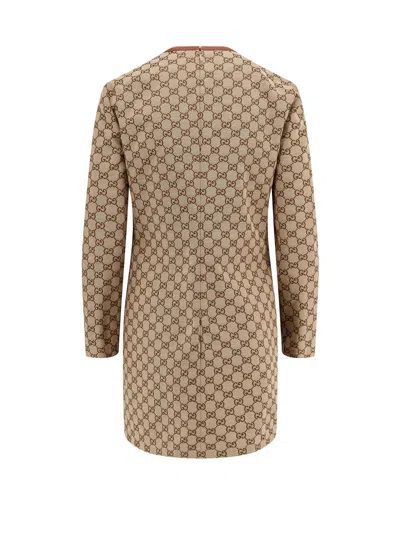 Gucci Cotton Blend Dress With All-over Gg Print In Brown