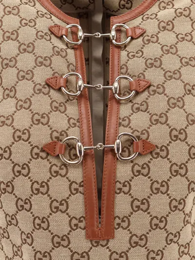 Gucci Cotton Blend Dress With All-over Gg Print In Brown
