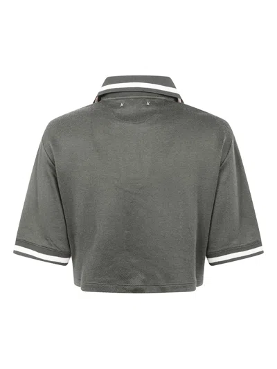 Golden Goose "journey W`s" Medium Crop Polo Fluid Jersey Knitted Rib Micro Piquet Tonal Embroidery C In Gray