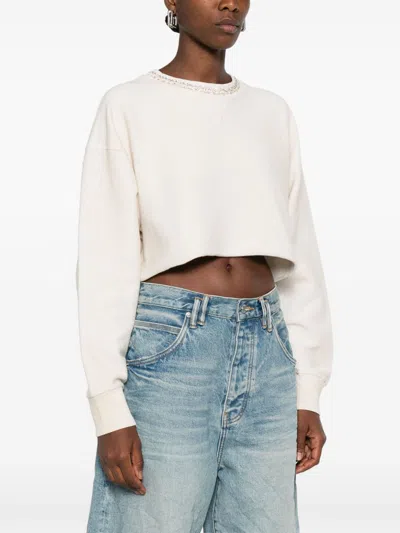 Golden Goose "journey W`s" Cropped Crew Neck Sweatshirt Overprinted Cotton Fleece Vintage Treatment In White