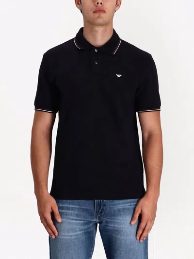 Emporio Armani Blue Short Sleeved Polo Shirt With Embroidery On The Front In Cotton Man