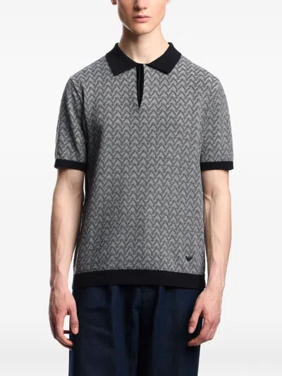 Emporio Armani Icon Polo-collar Jumper In Chevron-motif Jacquard In Gray