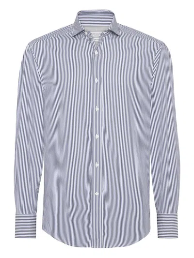 Brunello Cucinelli Striped Cotton Shirt With Button-down Collar In Blue