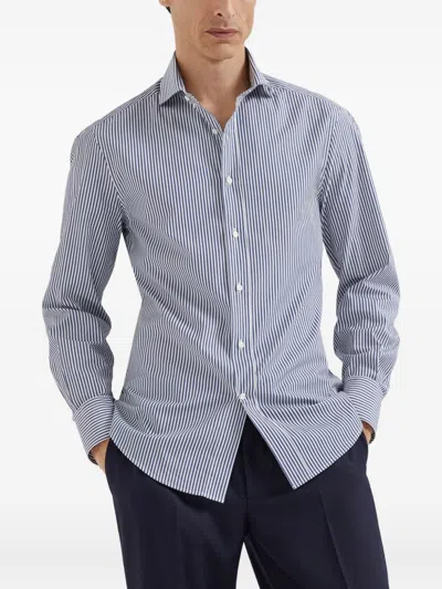Brunello Cucinelli Striped Cotton Shirt With Button-down Collar In Blue
