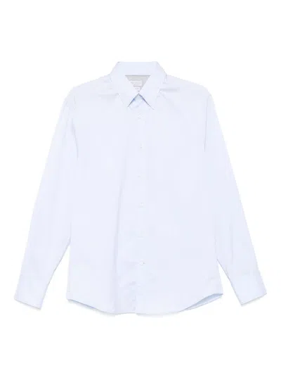 Brunello Cucinelli Cotton Shirt With Button-down Collar And Curved Hem In Blue