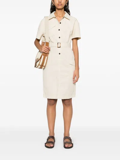 Woolrich Cotton Dress With Buttons And Buckle Belt In Neutral